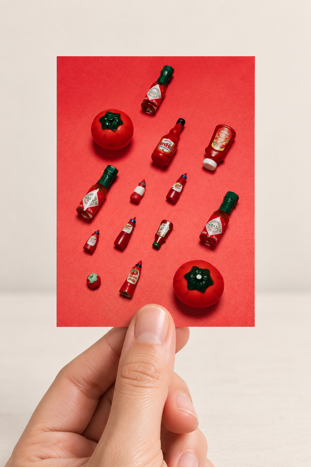 Mini poster showing miniature hot sauce bottles and tomatoes on a red background