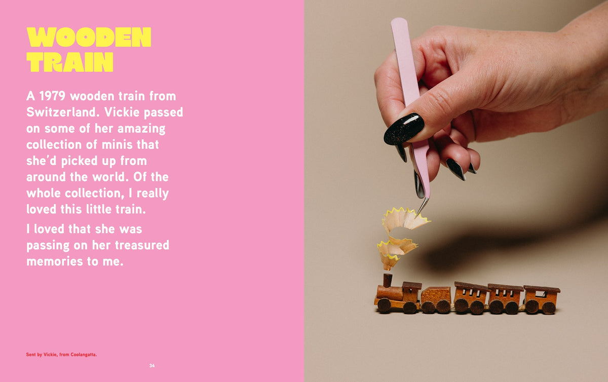Inside the Mini Museum Memoir: wooden train (edited spread)