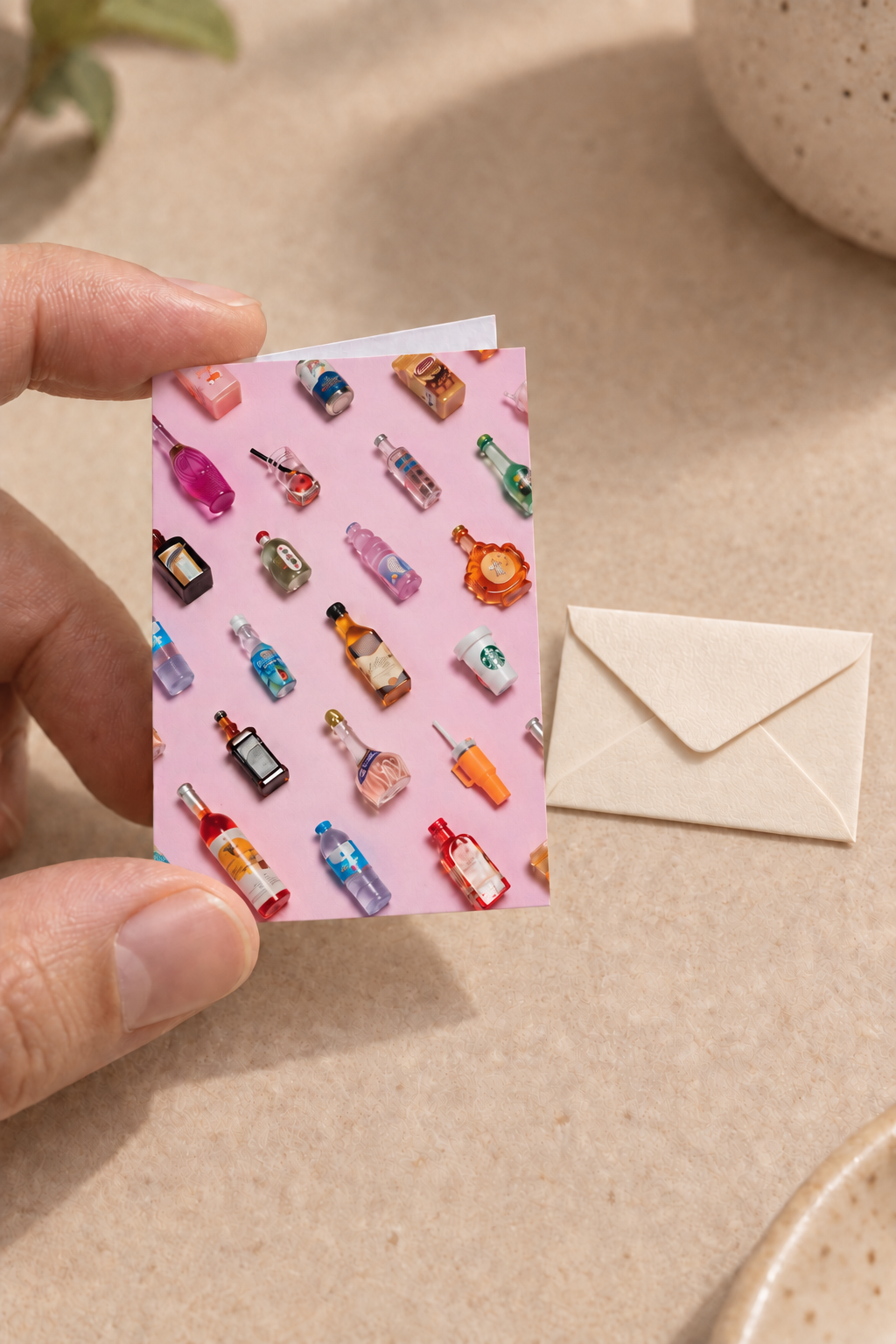 Tiny gift card featuring Mini Museum bottles, held beside its miniature envelope