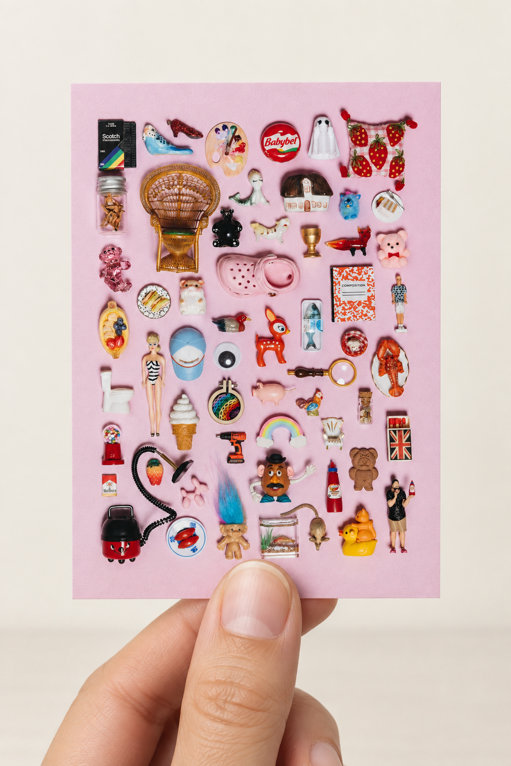 Mini poster showing objects from the Mini Museum collection, held between two fingers