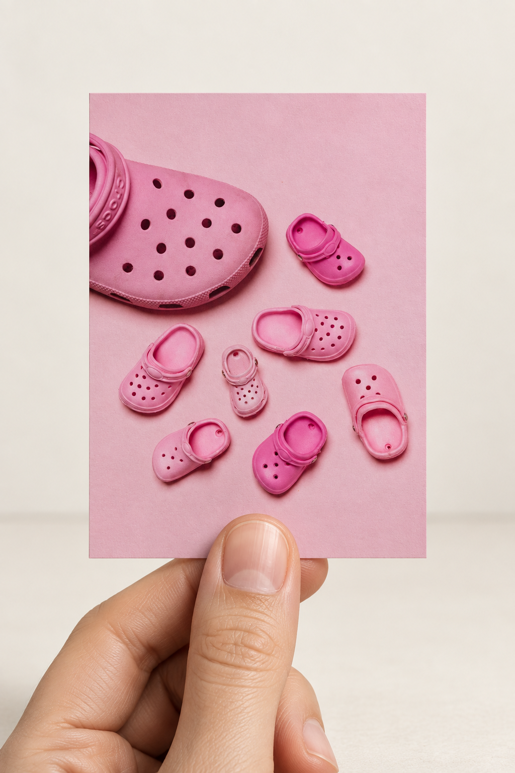 Mini poster showing pink clogs in graduating sizes, held between two fingers