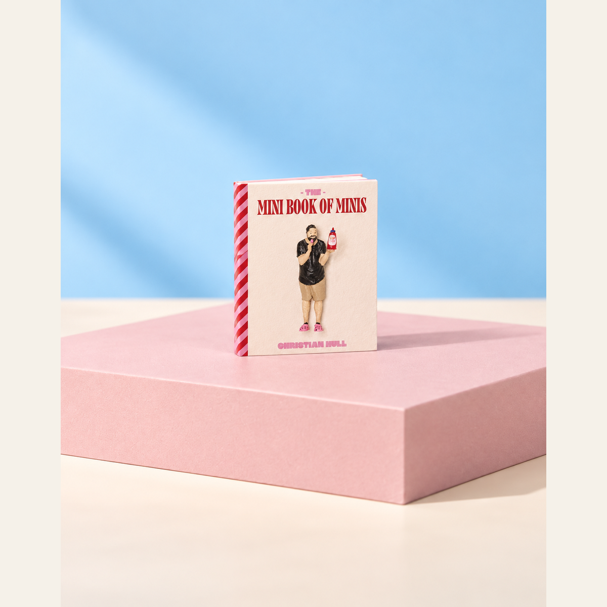 Mini Book of Minis with its Christian Hull cover, standing on a pink plinth against a blue background